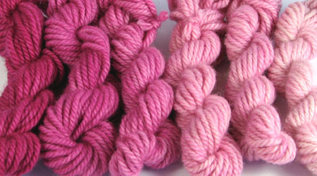 Bulky - Pink Lilac: red violet, hand dyed, bulky rug weight, 100% wool yarn in 6 color values for fine shading for rug hooking and punching.