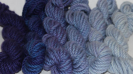 Bulky - Blueberry. Hand dyed, bulky rug weight, 100% wool yarn in a pack of 6 blue gradated color values.