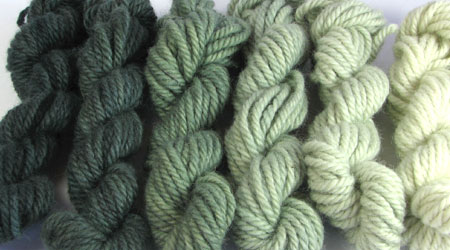 Bulky - Spruce. Hand dyed, bulky rug weight, 100% wool yarn in a pack of 6 blue green gradated color values.