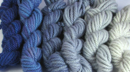 Bulky - Iris. Hand dyed, bulky rug weight, 100% wool yarn in a pack of 6 blue violet gradated color values.