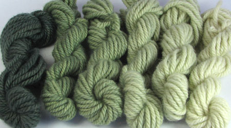 Bulky - Lichen. Hand dyed, bulky rug weight, 100% wool yarn in a pack of 6 green gradated color values.