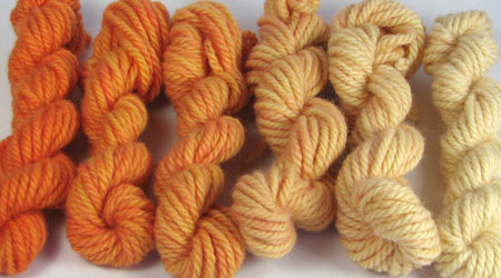 Marigold: orange, hand dyed, bulky rug weight, 100% wool yarn in 6 color values for fine shading for rug hooking and punching.
