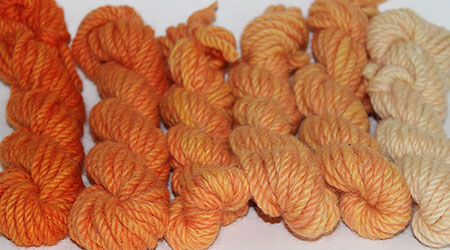 Bulky - Bittersweet. Hand dyed, bulky rug weight, 100% wool yarn in a pack of 6 red orange gradated color values. 3-ply, approx 260 yds per lb