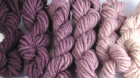 Bulky - Plum. Hand dyed, bulky rug weight, 100% wool yarnin a pack of 6 violet gradated color values.