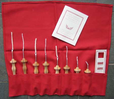Oxford Punch Needles Complete Set includes all 8 sizes of ergonomically designed punch needles with maple handle and stainless steel needle, handbook, stitch gauge, cotton roll-up tool bag