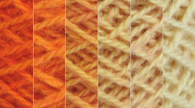 Marigold: orange, hand dyed, worsted weight, 100% wool yarn in 8 color values for fine shading for rug hooking and punching.