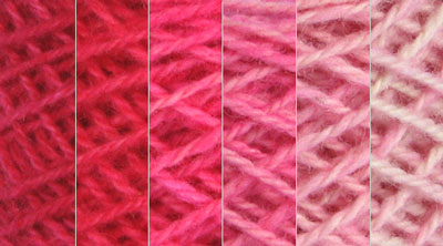 Poppy: red, hand dyed, worsted weight, 100% wool yarn in 8 color values for fine shading for rug hooking and punching.