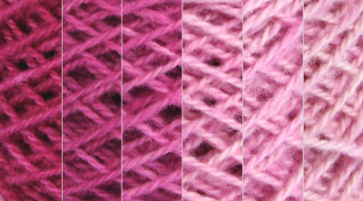 Pink Lilac: red violet, hand dyed, worsted weight, 100% wool yarn in 8 color values for fine shading for rug hooking and punching.