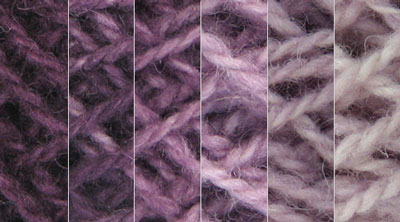 Plum: violet, hand dyed, worsted weight, 100% wool yarn in 8 color values for fine shading for rug hooking and punching.