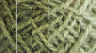 Moss: yellow green, hand dyed, worsted weight, 100% wool yarn in 8 color values for fine shading for rug hooking and punching.
